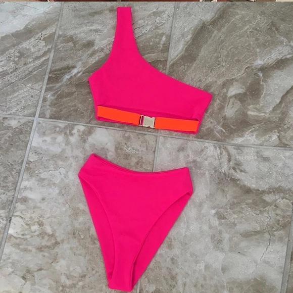 Fuchsia One Shoulder Buckle High Cut Bikini - Picture 3 of 5